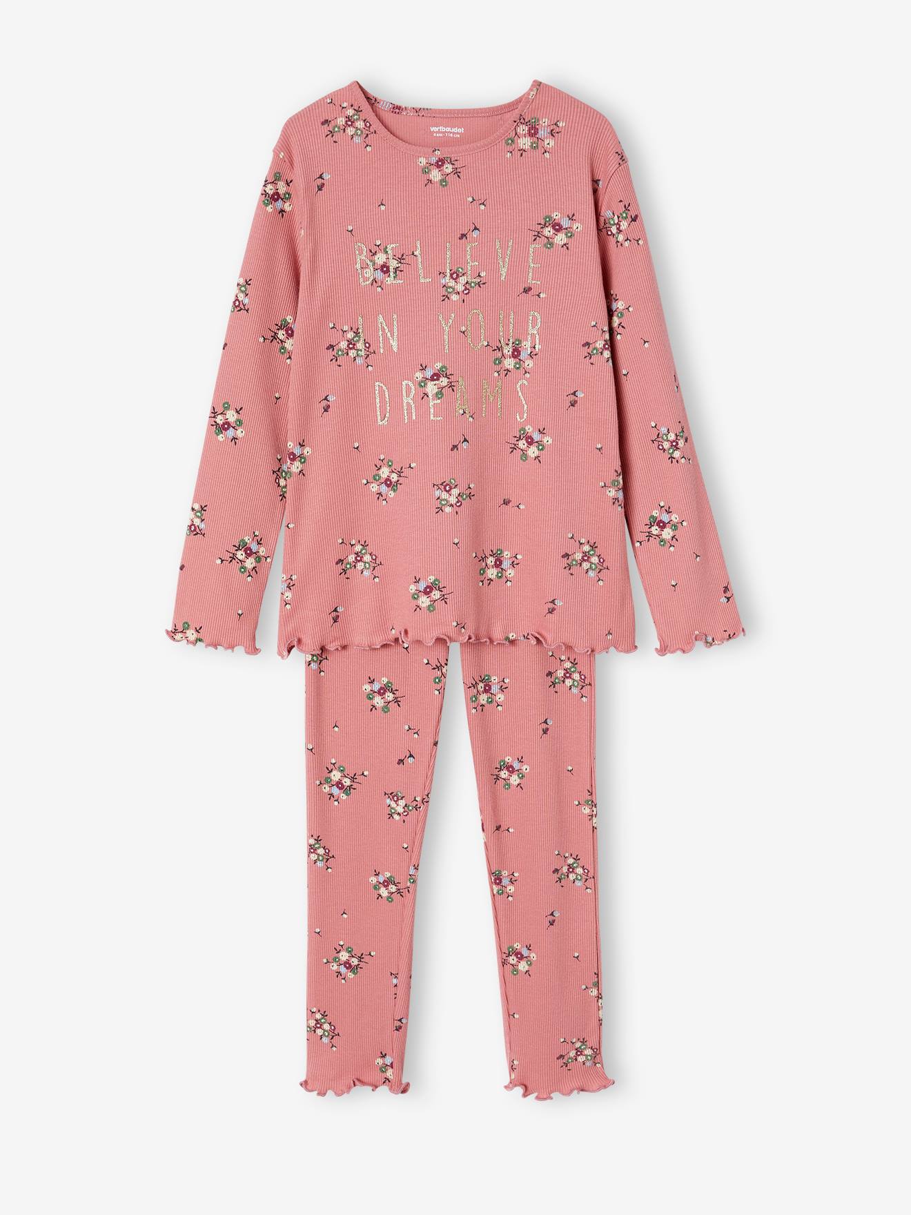 Pijama floral canelado rosa para meninas