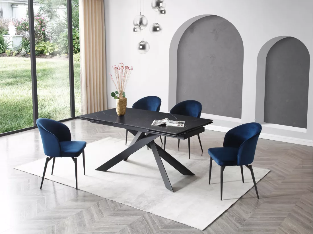 Table à manger extensible 6 à 10 personnes en céramique, verre trempé et métal - Effet marbre noir - COREMA de Maison Céphy