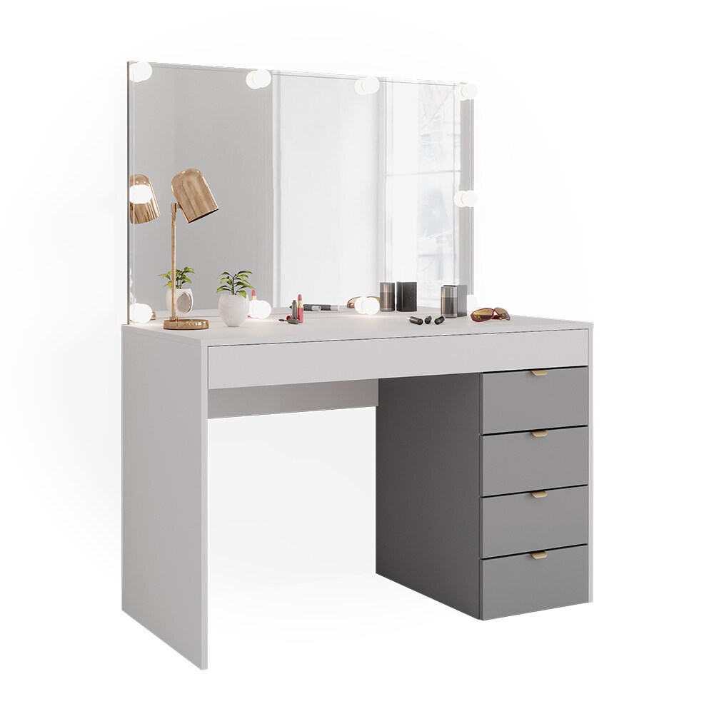 Vicco Schminktisch Elise Weiß Grau 115 x 76 cm modern Frisiertisch Schubladen Spiegel LED-Beleuchtung