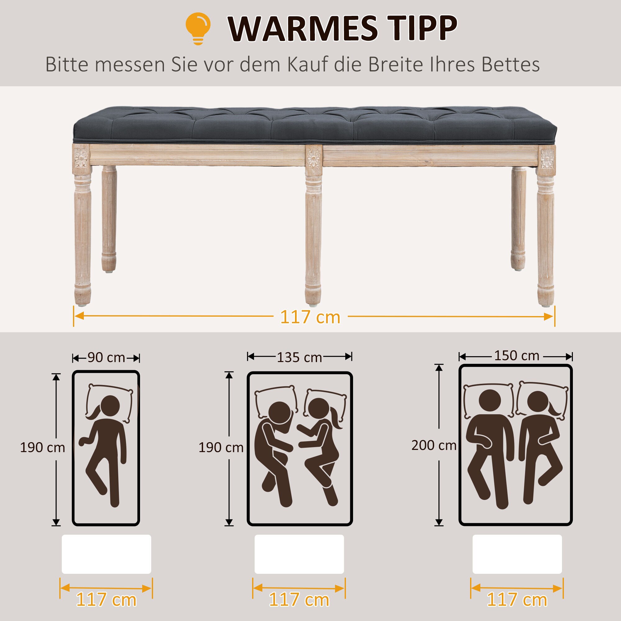 HOMCOM Bettbank mit Knopfheftung grau 117L x 40B x 48H cm