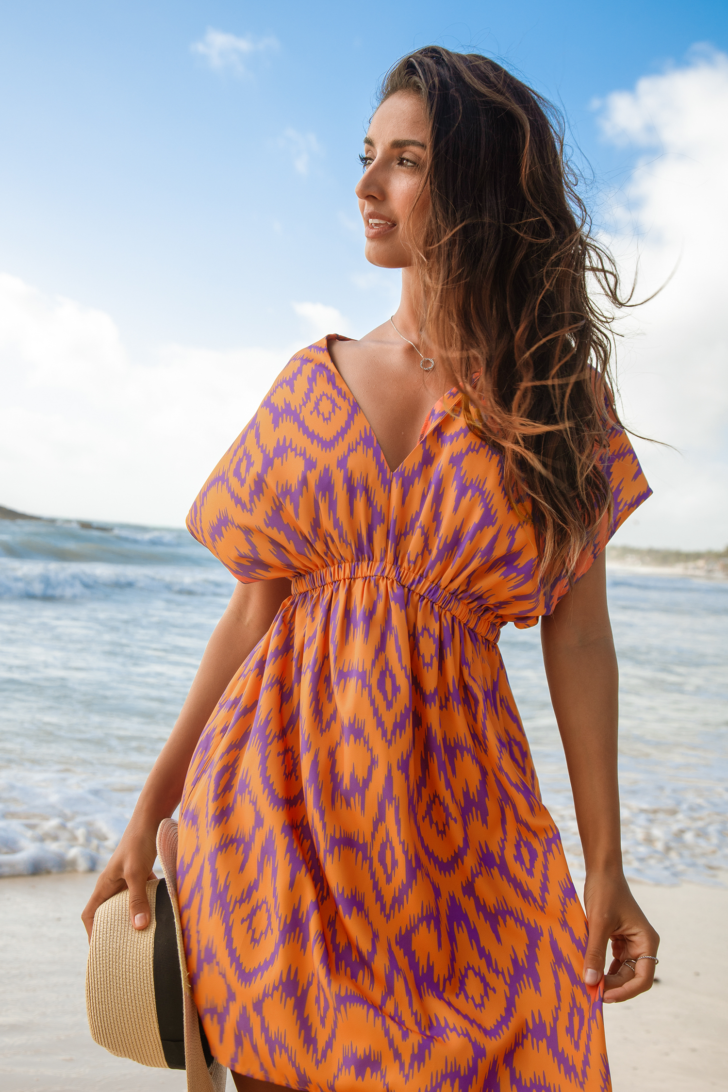 Robe à manches bouffantes géométriques orange et violette