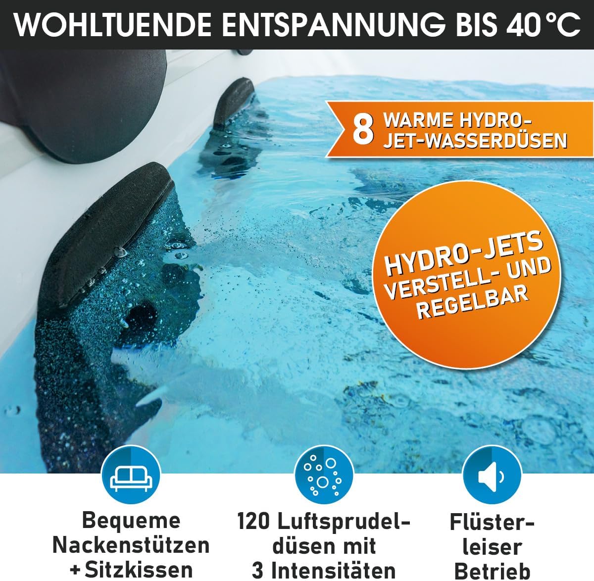BRAST Whirlpool MSpa Frame - Oslo Sapphire & Amber mit Fester Außenwand | 160x160x65cm - 180x180x65cm | 5 Modelle | LED-Beleuchtung | 6 Personen | Ganzjähriger Einsatz Winterfest | Oslo