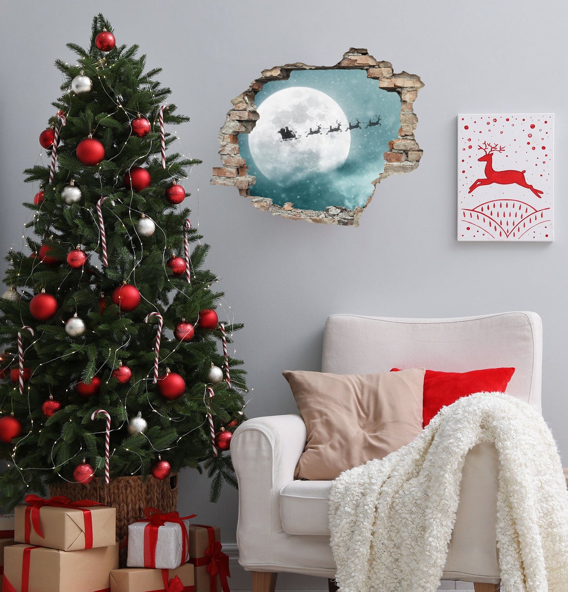 3D muursticker zelfklevende sticker Kerstman voor de maan WS16031_60x50 cm Kerst wanddecoratie