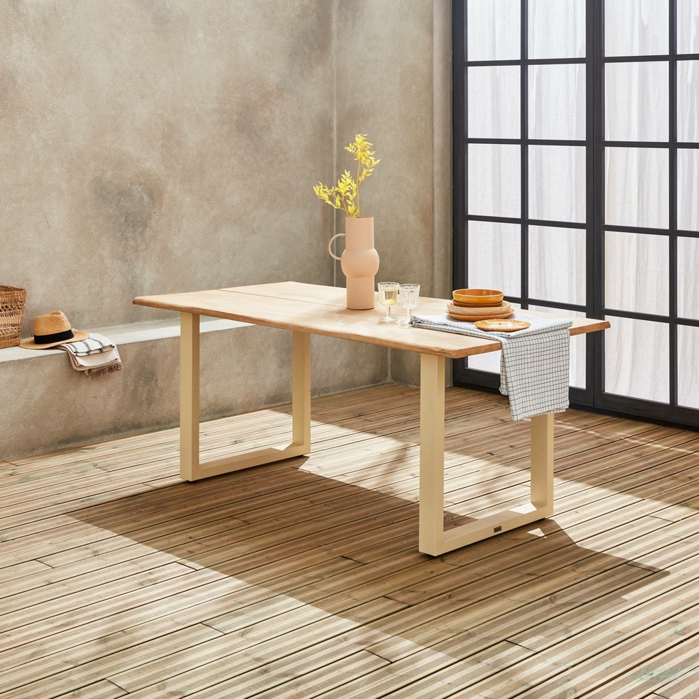 Table intérieur / extérieur en bois 180cm. 6 places. Bois d'acacia et structure en acier ivoire