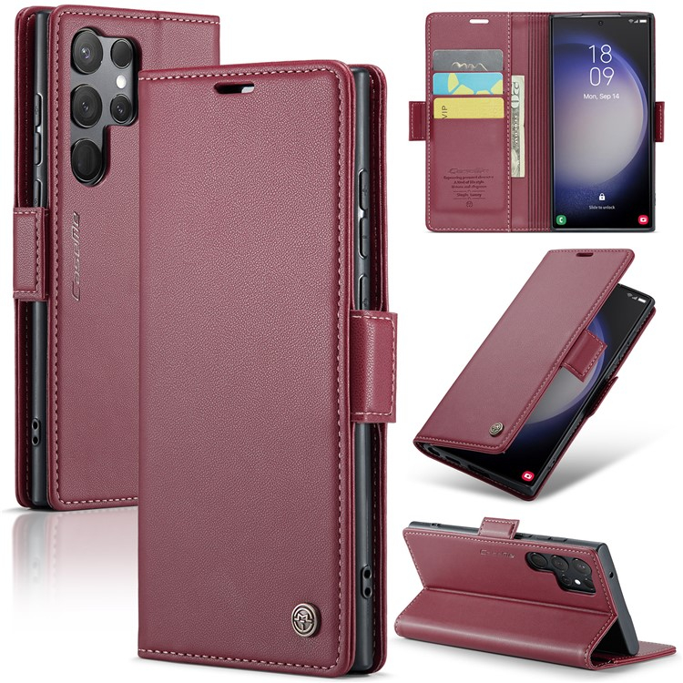 Samsung Galaxy S24 Ultra Leder Tasche Flip Wallet Etui mit Kartenfächern Litchi Look (RFID Schutz) - Rot
