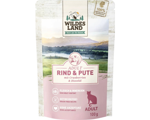 WILDES LAND natvoer voor katten, proefverpakking met 4 zakjes, multipack 4 x 100 g, vis, gevogelte, konijn, rund- en kalfsvlees met waardevolle superfoods, graanvrij, glutenvrij, 400 g