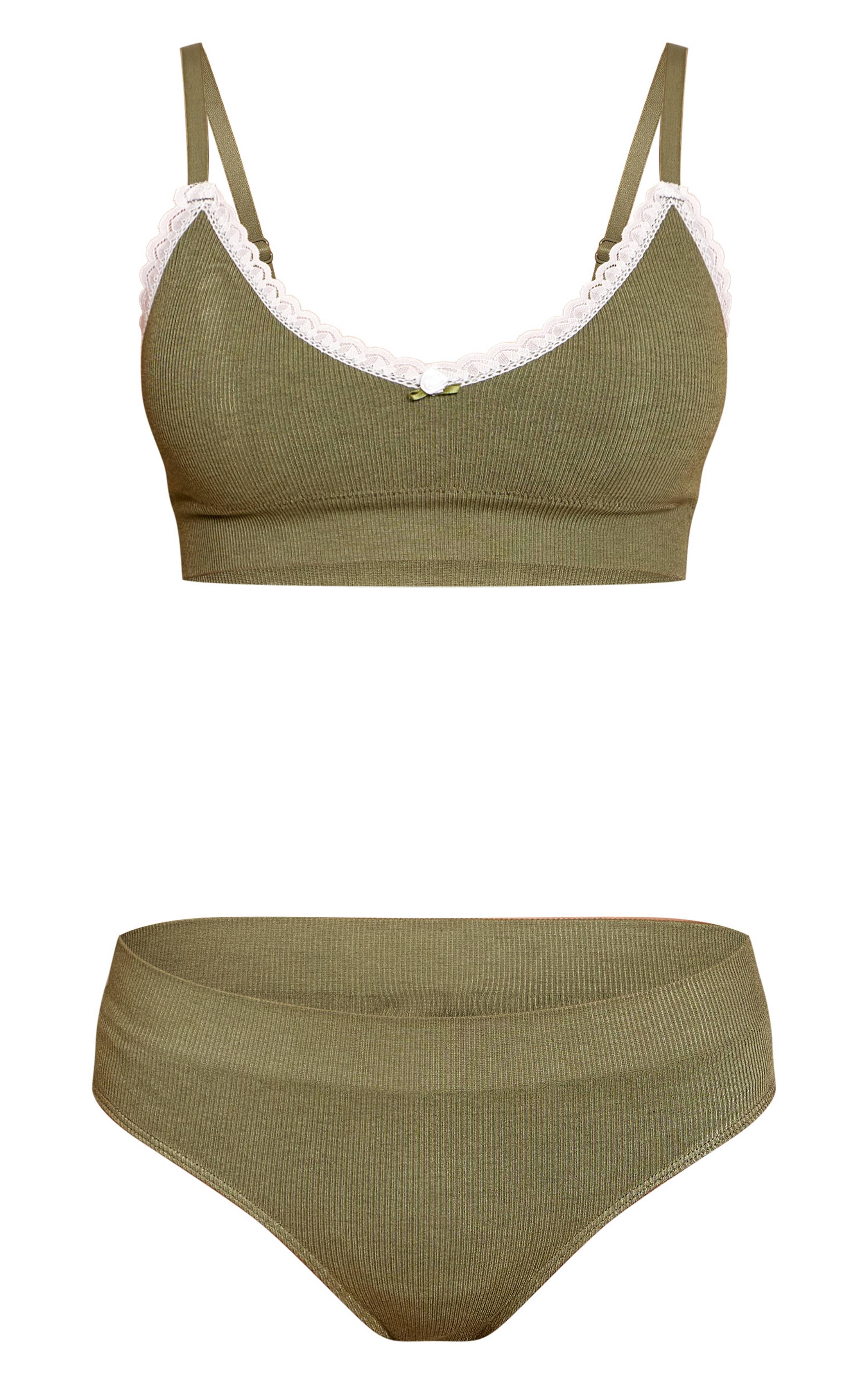 Vert Olive Ensemble Brassière Et Culotte En Pointelle Avec Finitions En Dentelle