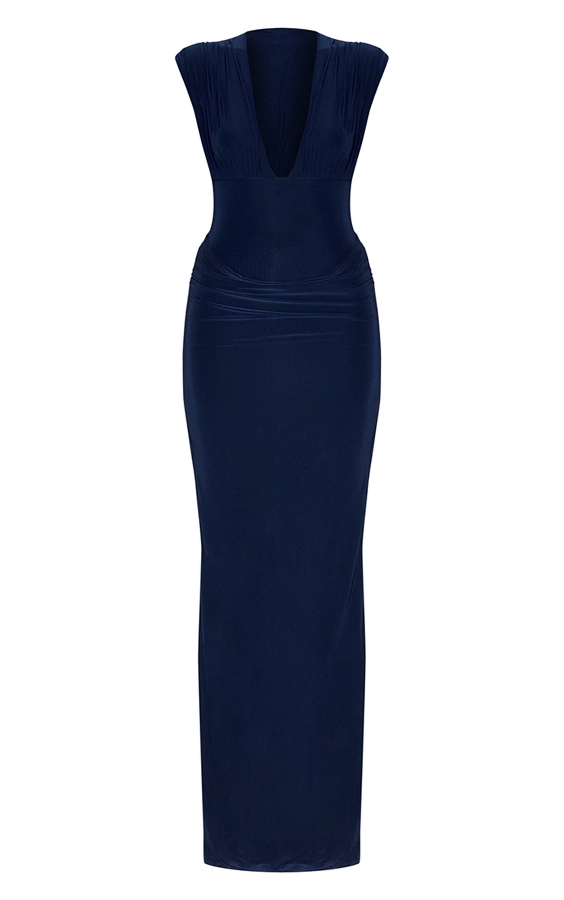 Bleu Marine Robe Longue Drapée À Double Couche Avec Décolleté Plongeant Et Épaules Froncées
