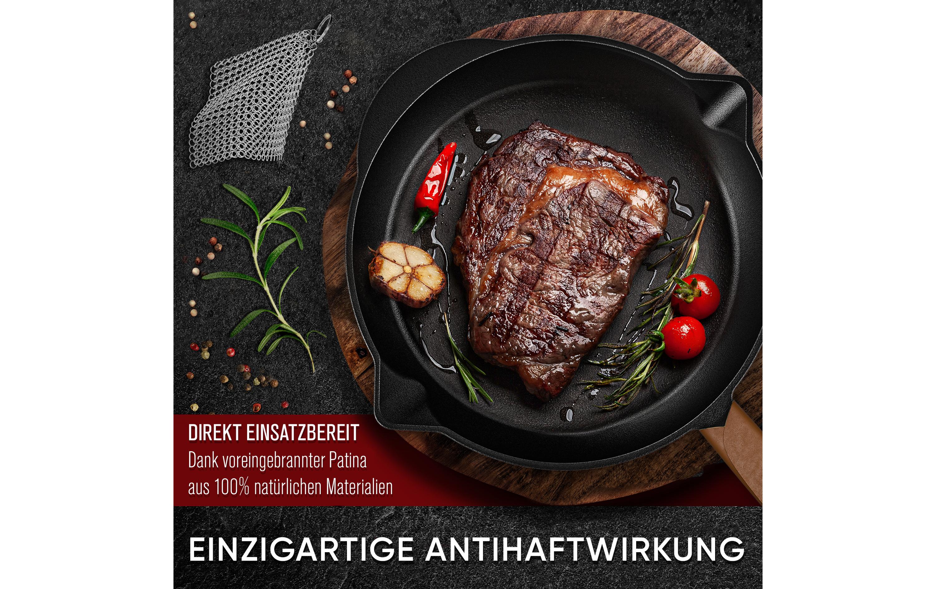 Bratpfanne 30 cm mit Ledergriff, ReinigerGusseisen Bratpfanne mit Lederüberzug und Ringreiniger