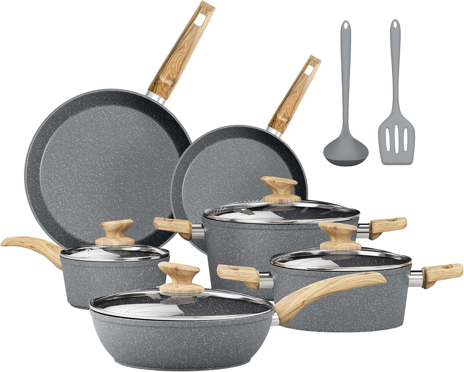 DishDelight Topfset Beschichteter Topf Induktion Töpfe Set Pfannenset 12-teilige Granit Antihaft Töpfe und Pfannen Cookware Kochtopf Bratpfanne mit Glasdeckeln