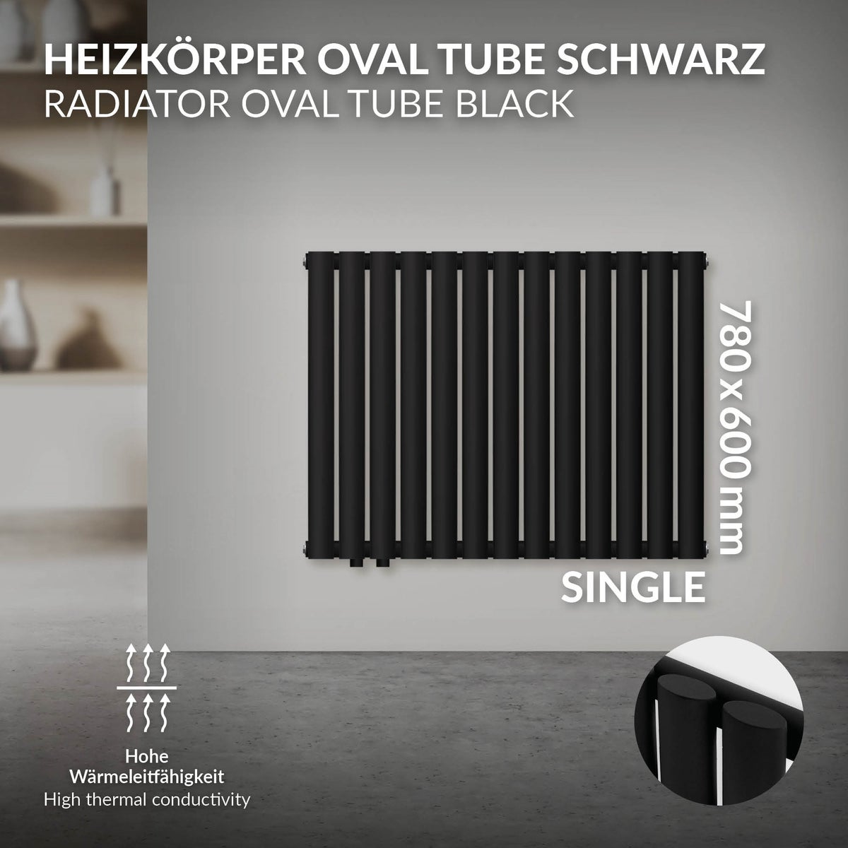 LuxeBath Paneelradiator, Enkellaags, 600x780 mm, Matzwart, Horizontale radiator met ovale buizen, Design badkamerradiator met zijaansluiting, Verwarming woonkamer/badkamer, Design buisradiator