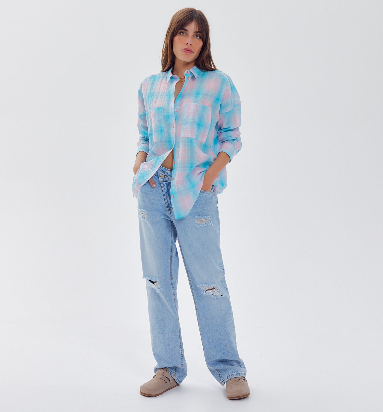 Maxi-chemise à carreaux Femme - Carreaux bleus