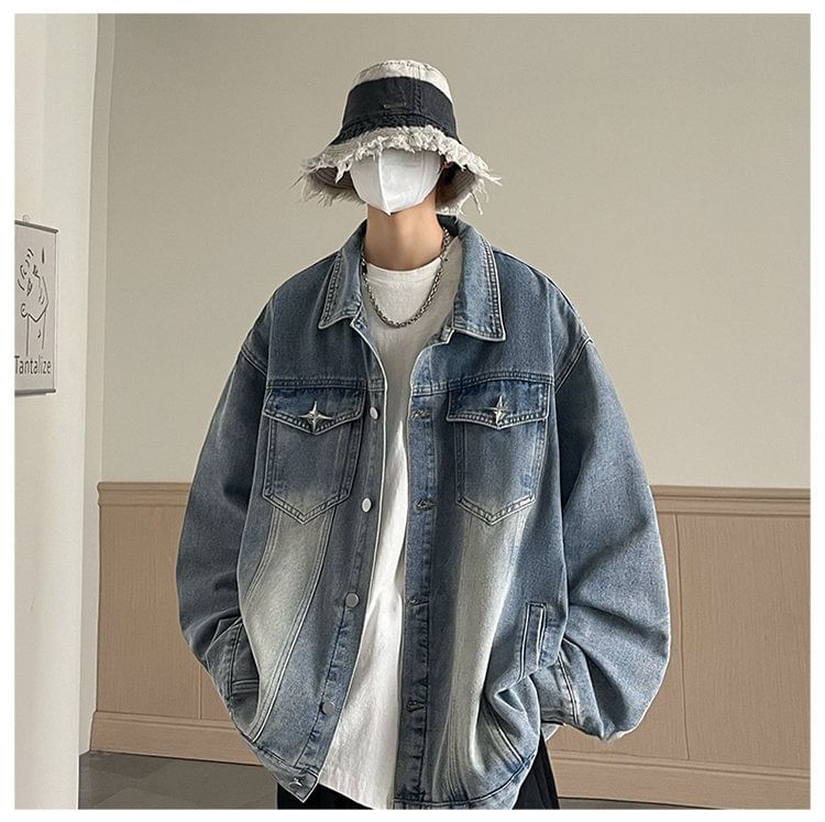 FOEV - Gewassen denim jasje met kraag en sterrenaccent