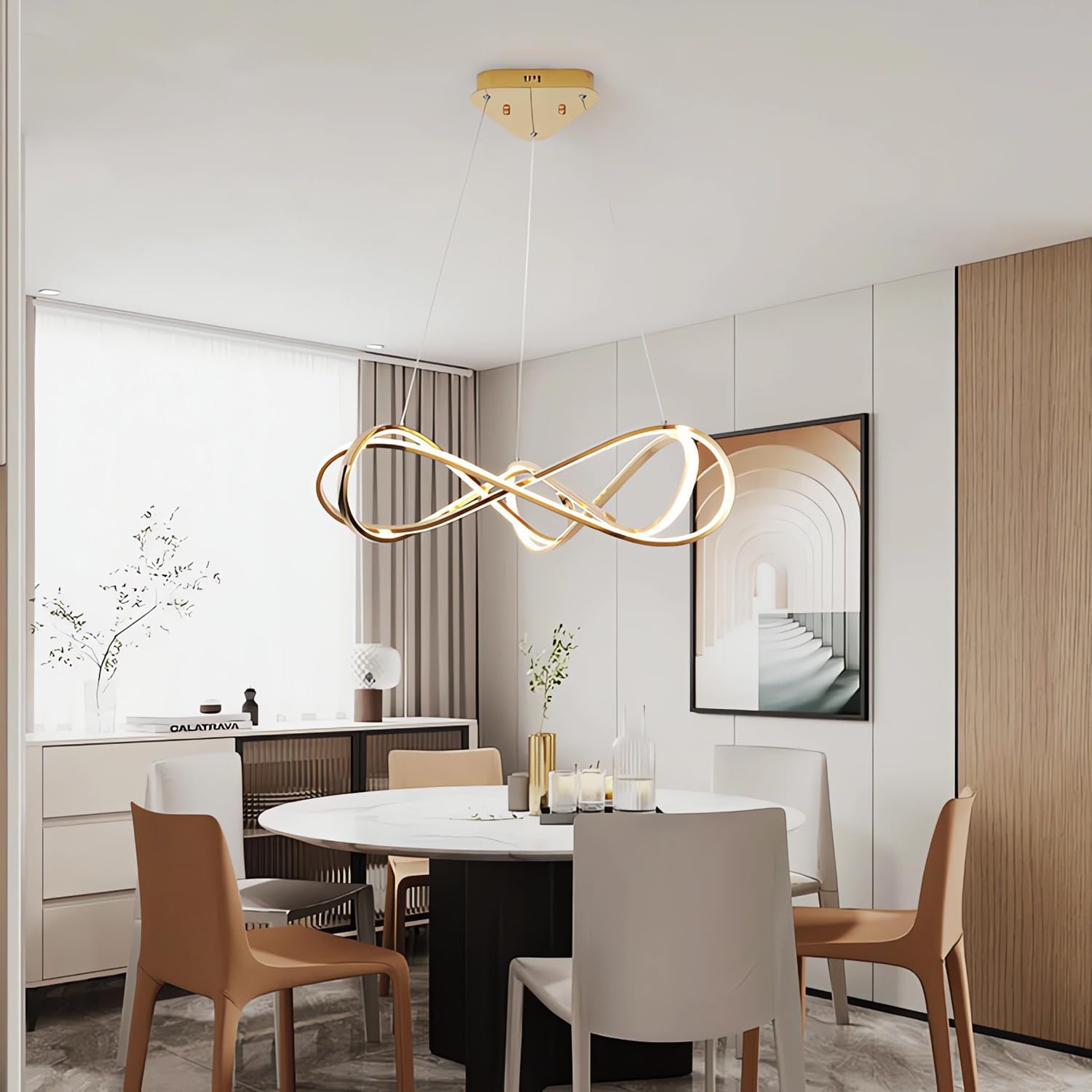 Kronleuchter Esstisch LED Pendelleuchte Esszimmer mit Fernbedienung Dimmbar Moderne Hängeleuchte Esszimmerlampe hängend Höhenverstellbar Esstischlampe Bürolampe Schreibtischlampe (Gold, Φ55cm 55W)