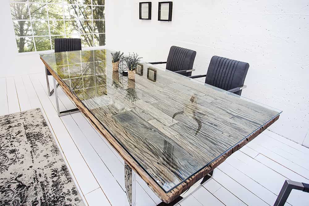 Massiver Esstisch BARRACUDA 240cm antik Teak Holz mit Stahl Kufenfüßen inkl. Glasplatte