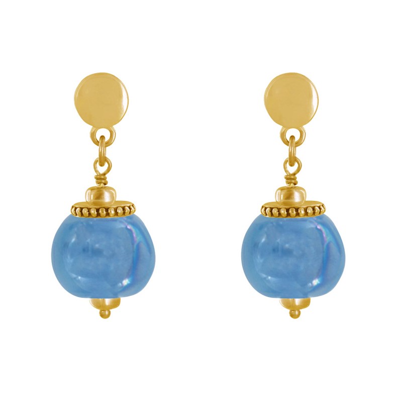 Boucles d'Oreilles Clous Métal Doré et Grosses Perles en Céramique