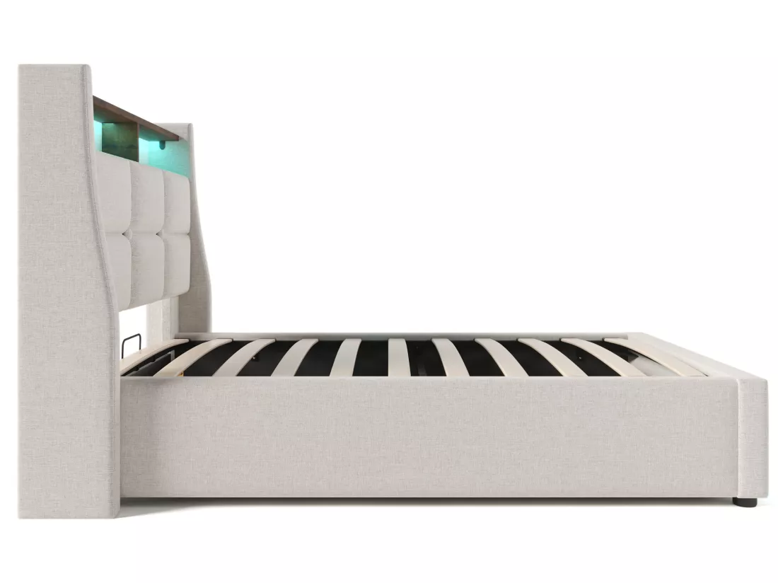 Lit coffre en lin 90x200cm avec LED et ports USB - sommier à lattes - beige
