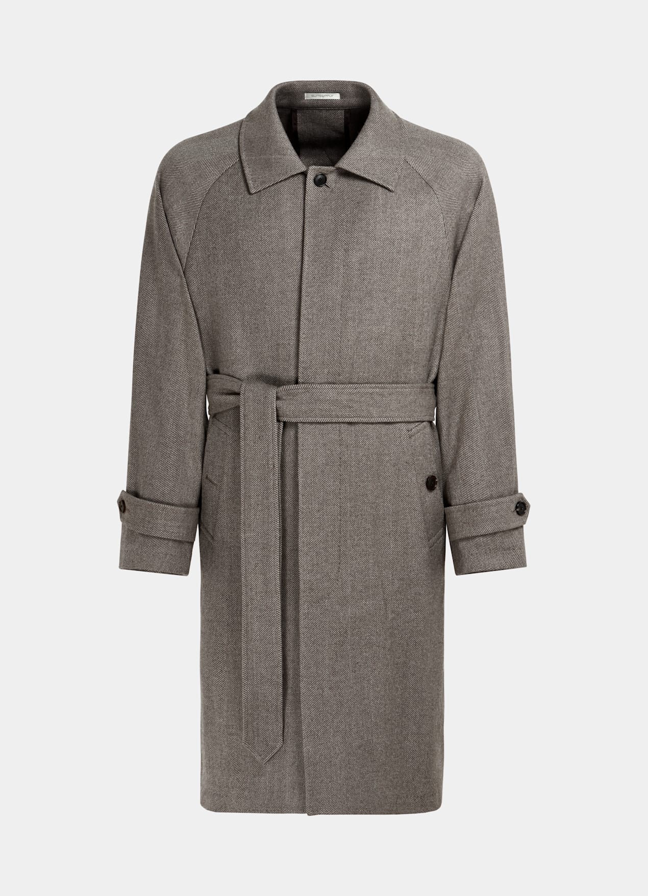 Manteau long ceinturé taupe à chevrons