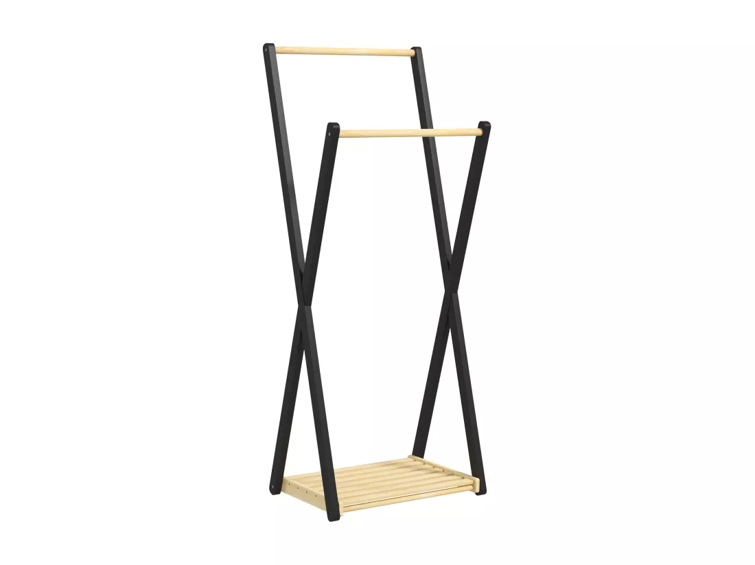 Portant à vêtements design contemporain - 2 barres, étagère - bois de pin naturel noir