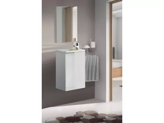 Meuble sous-vasque Dlott, Meuble de salle de bain suspendu, armoire 1 porte avec miroir et lavabo, 40x22h58 cm, Blanc brillant