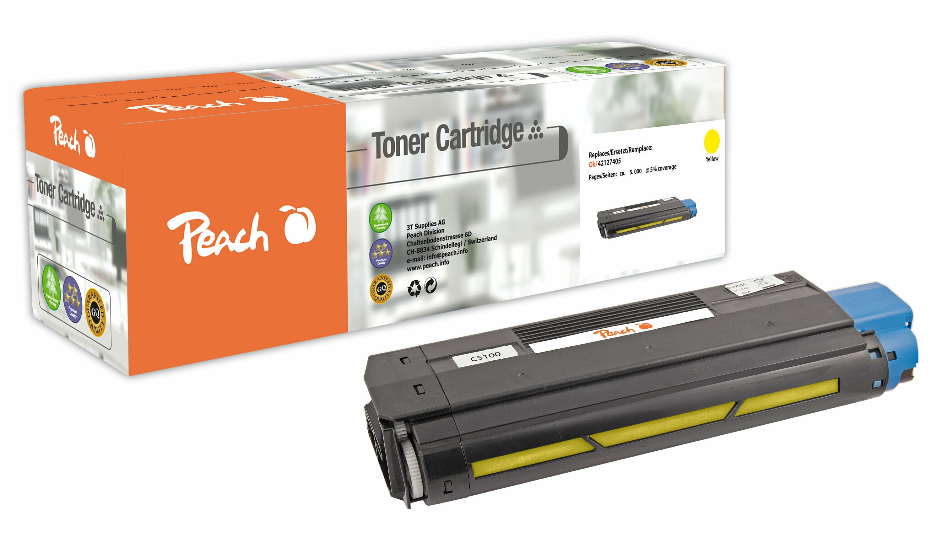 Peach O4212-7405Y Toner ye ersetzt OKI No. 4212-7405Y, 42127405 für z.B. OKI C 5100, OKI C 5100 N, OKI C 5150 N, OKI C 5200, OKI C 5200 N (wiederaufbereitet)