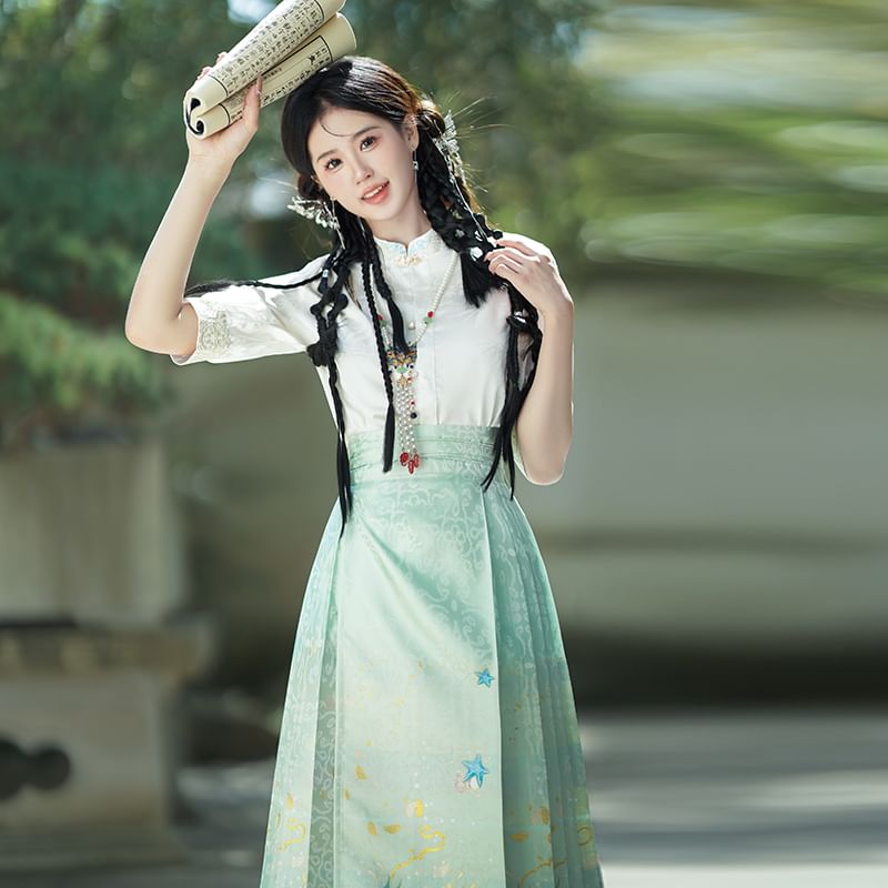 Fioridi - Hanfu-top met pofmouwen, bloemenborduursel en knoopjes / Midi-rok met hoge taille en feniksprint