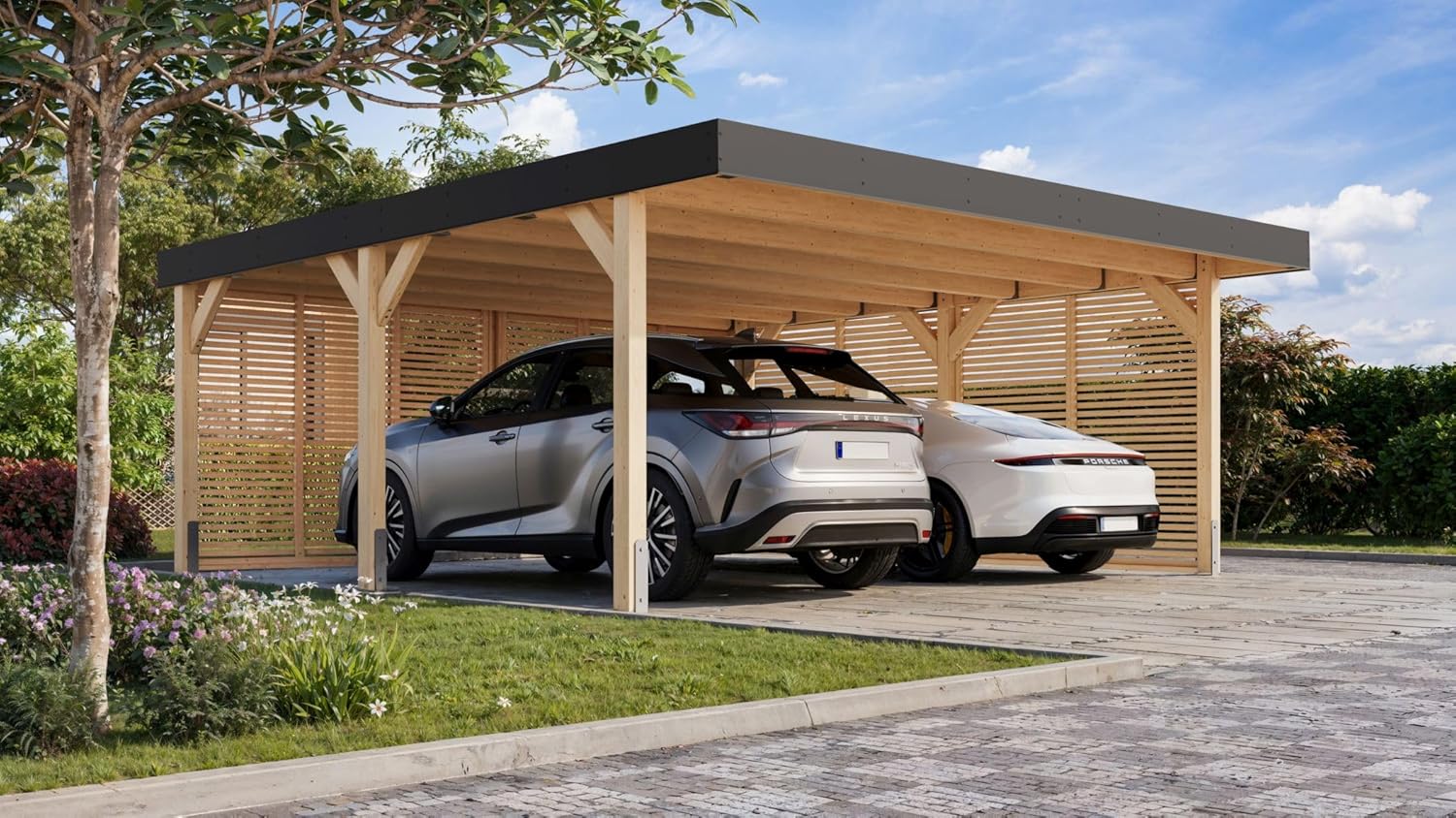Karibu Leimholzcarport mit EIN oder Zwei Stellplätzen, optional mit Seitenwänden (Doppelcarport - mit Seitenwänden)