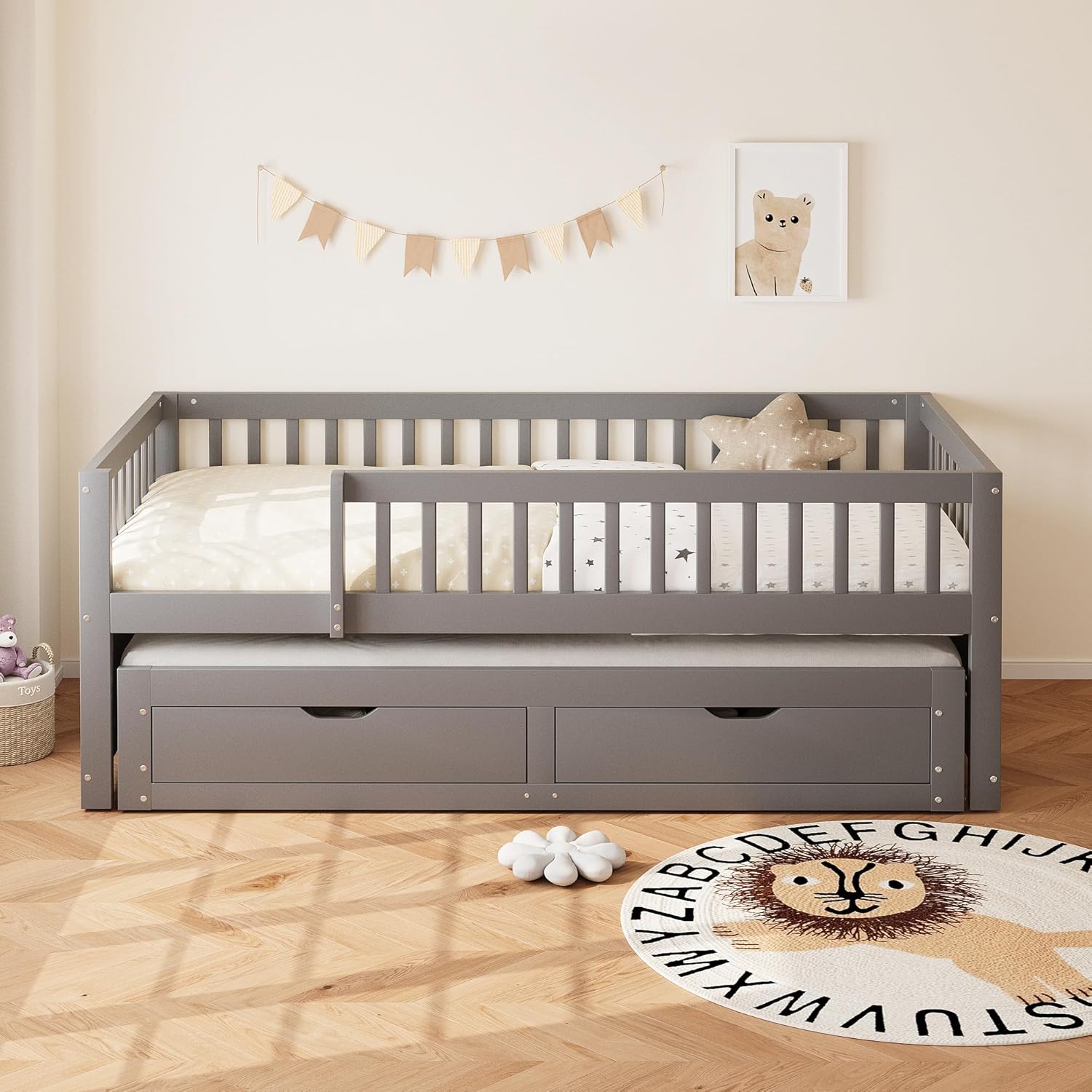 Merax Schlafsofa 90x200 cm, mit Ausziehbett & 2 Schubladen, Kinderbett mit Lattenrost, Jugendbett Gästebett platzsparend für kleine Räume, Grau (Ohne Matratze)