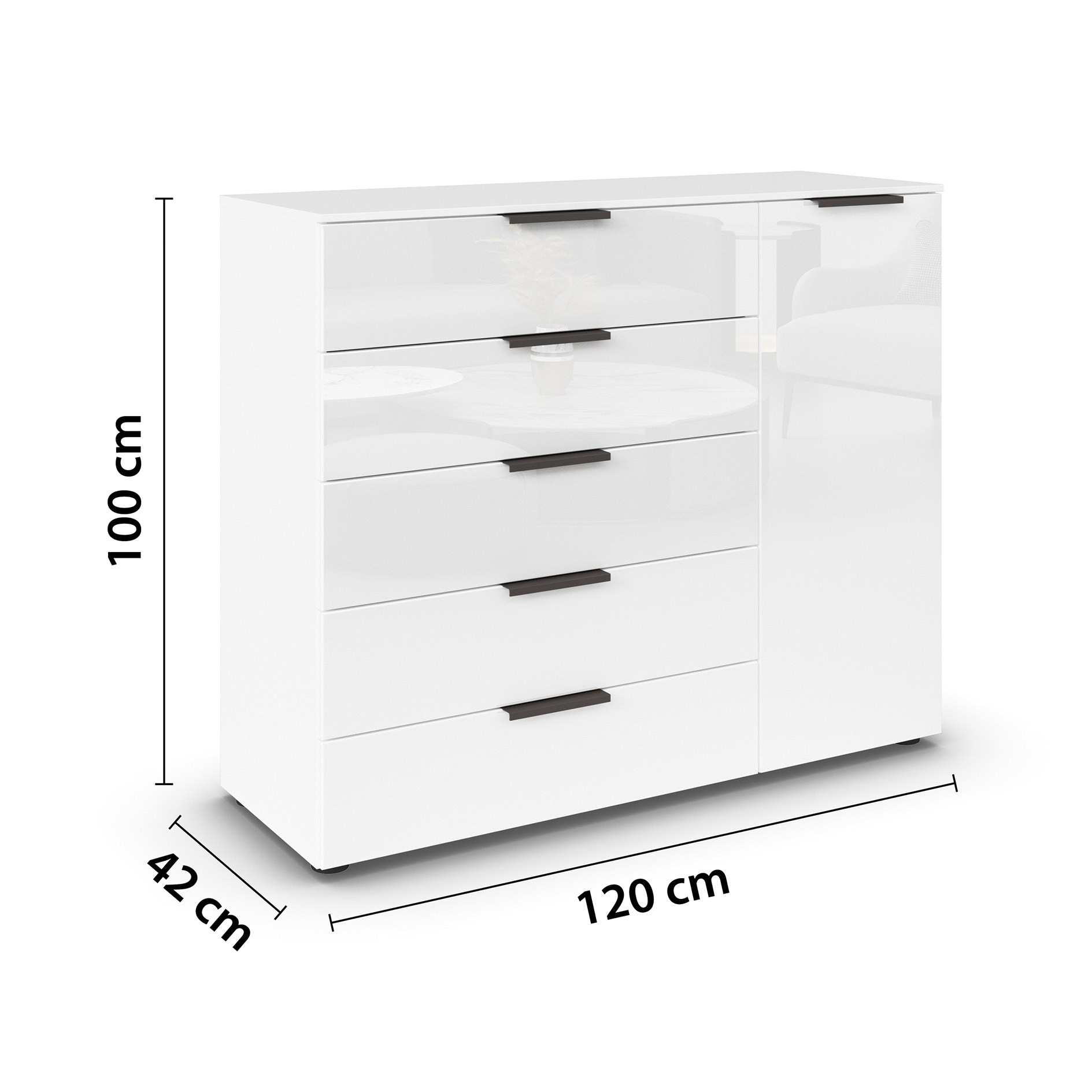 Kommode - alpinweiß-Kristallweißglas - Graphitgriffe - 120 cm