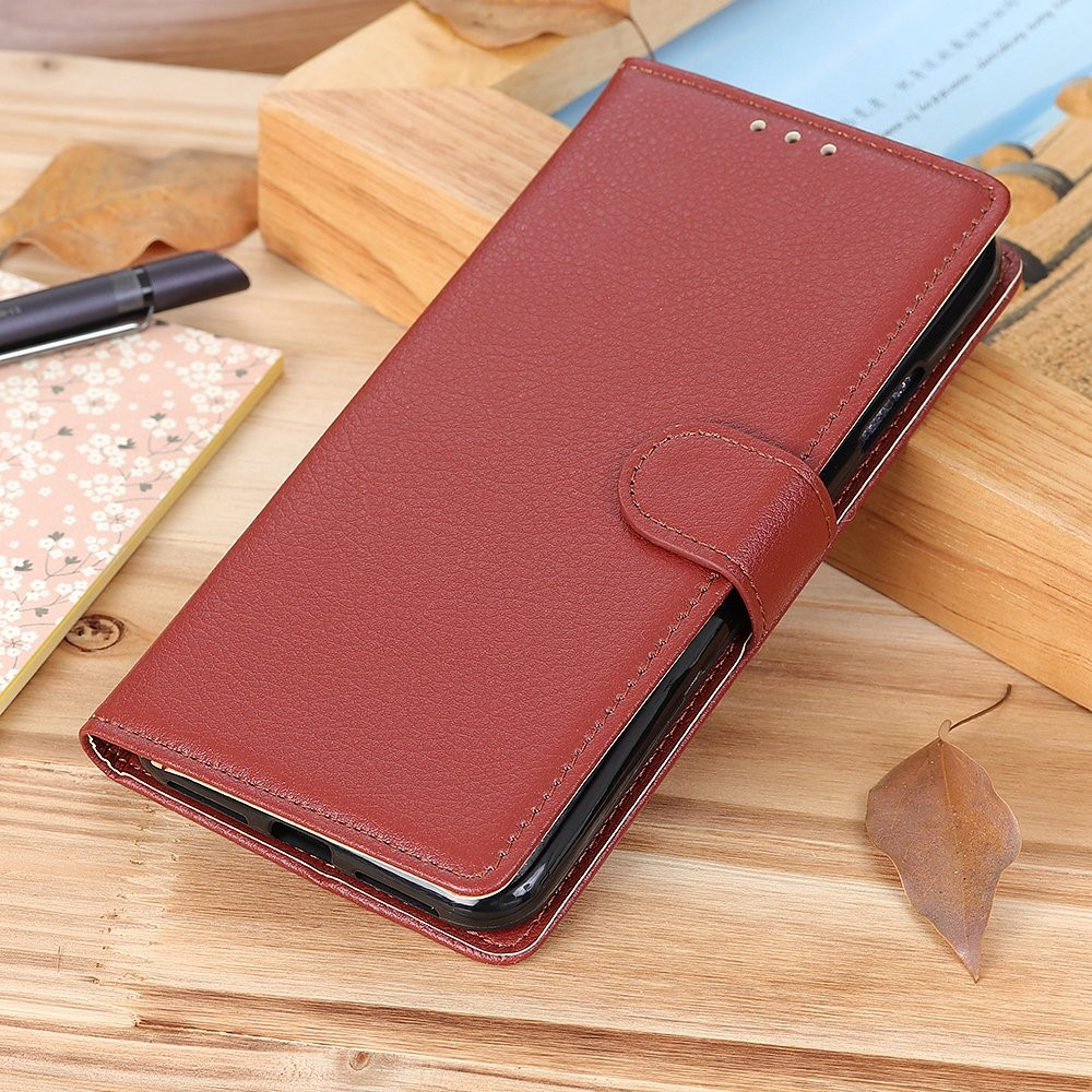 iPhone 16 Leder Tasche Flip Cover Litchi Look - Braun