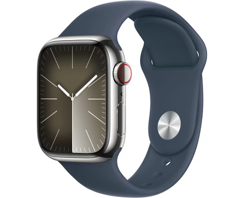 Apple Watch Series 9 GPS   Cellular 45mm Silver Stainless Steel Case with Storm Blue Sport Band - M/L