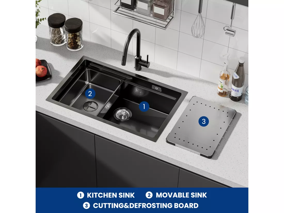 Cecipa max Évier 1 Bac 70×44CM Évier à Encastrer Noir avec Egouttoir et Vasque + Mitigeur avec Douchette Extractible, 3 Modes de Sortie D'eau, Noir