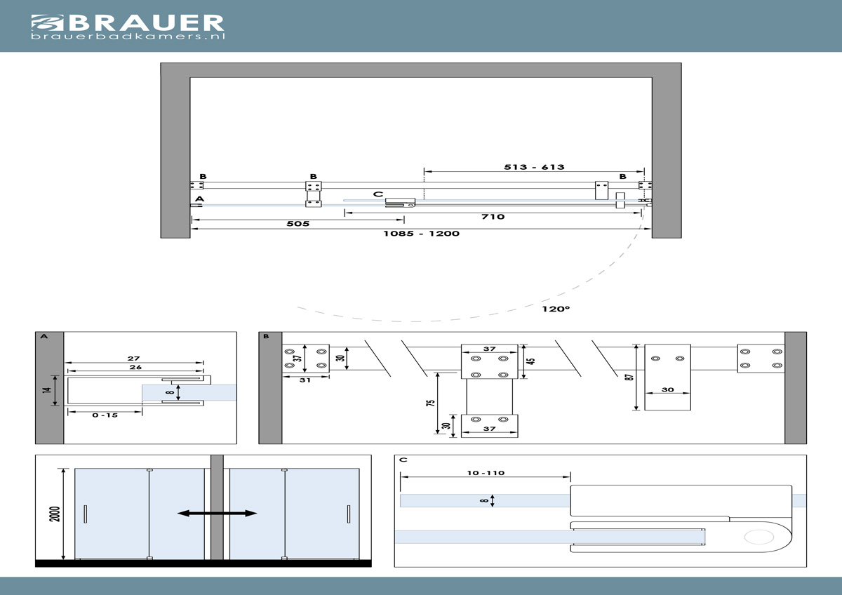 Brauer Stellar nisdeur met vaste wand 108.5-120cm koper geborsteld PVD