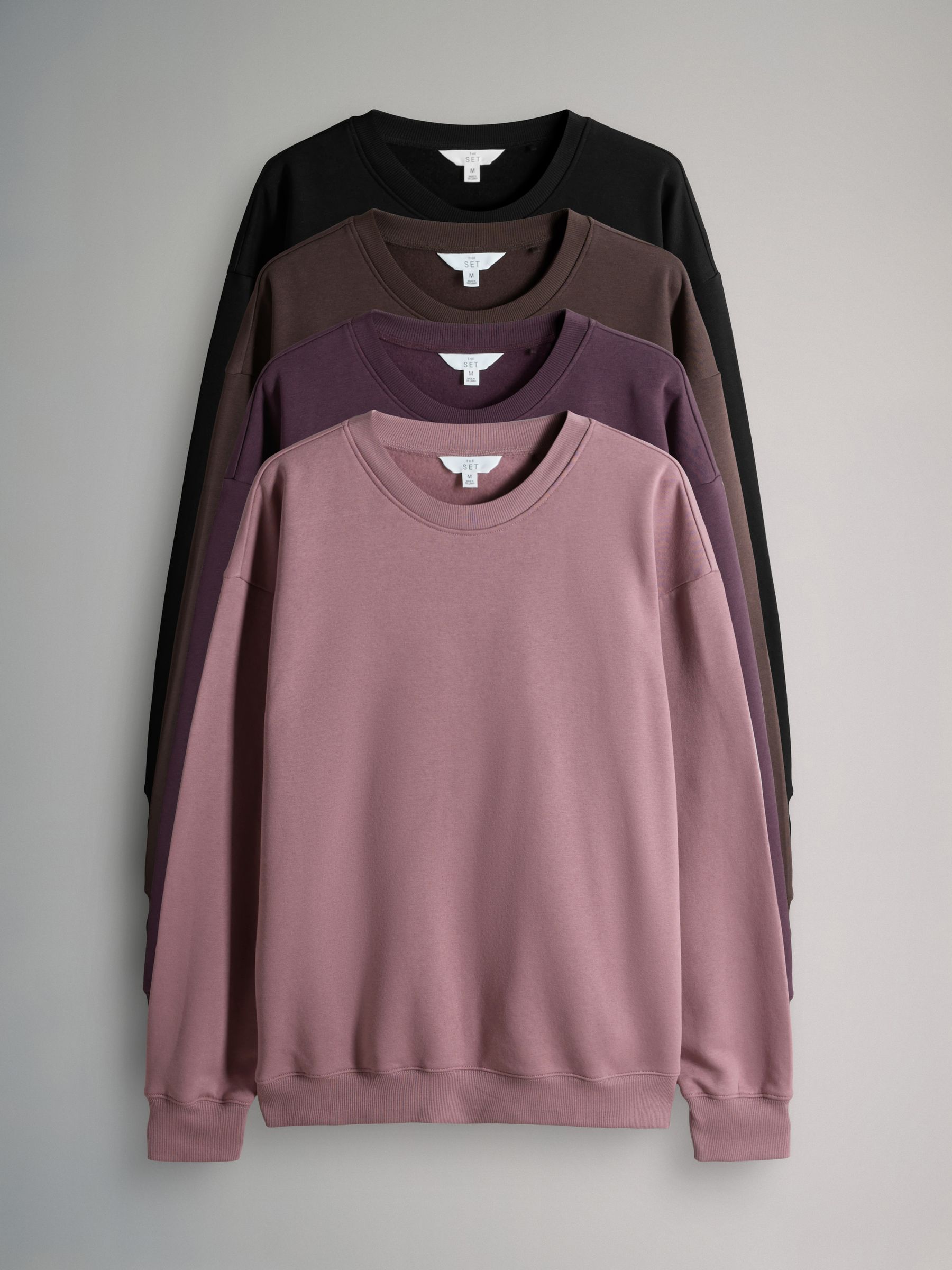 Zwart/bruin/paars/schemerig roze - The Set set van 4 ruimvallende sweatshirts met ronde hals