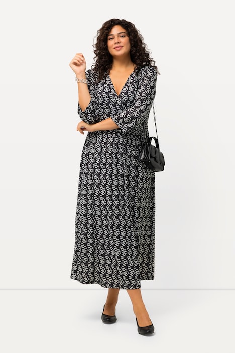 Jerseykleid, Wickeloptik, A-Linie, V-Ausschnitt, 3/4-Arm