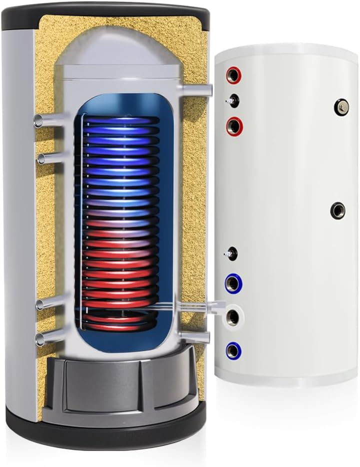 TECHGLOBE - Brauchwasserspeicher mit 1 Wärmetauscher (4 m²) - Komplett aus Edelstahl - Energieeffizient Warmwasserspeicher- mit 50mm Isolierung (500 L)