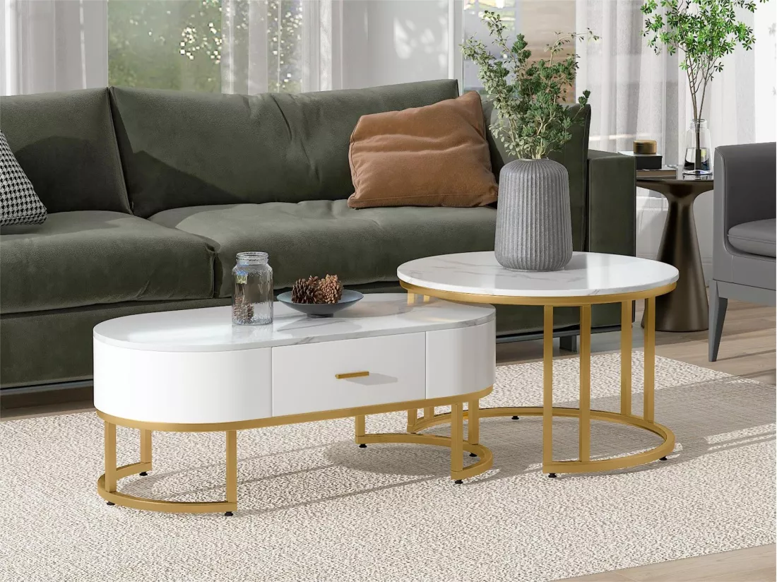Lot de 2 tables basse gigognes avec tiroir - pièds métallique - placage marbré - blanc