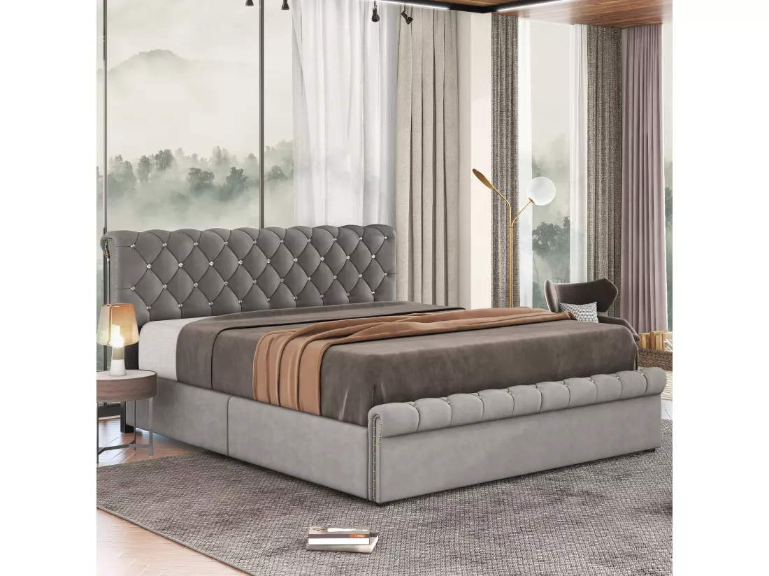 Lit coffre 140 x 190 cm avec tête de lit réglable - Velours - Décor avec boucle en cristal - Coloris gris