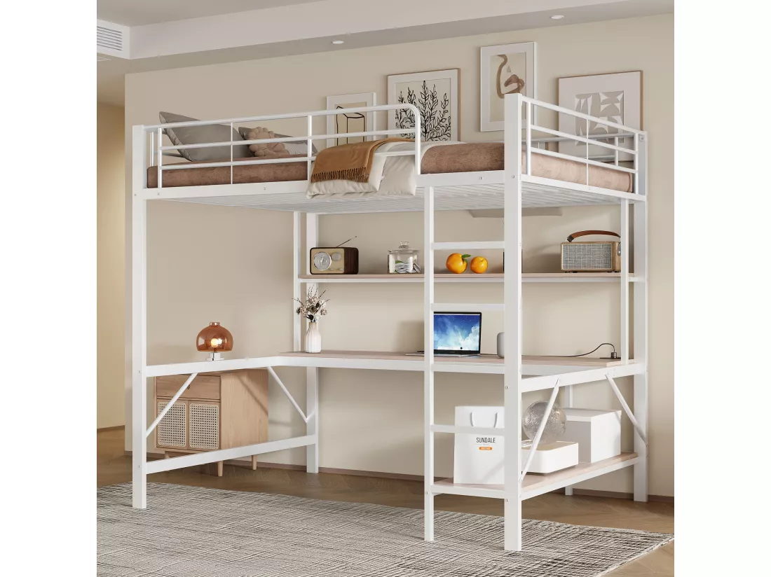 Lit mezzanine garde-corps et escabeau - 140 x 200 cm - avec USB et secteur - LED et bureau - sans matelas - métal - white