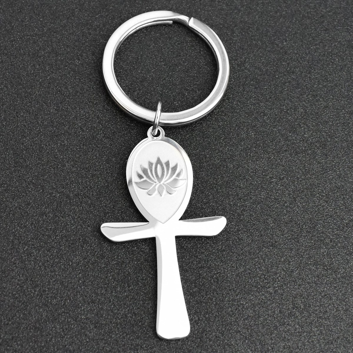 Porte-clés croix ansée ânkh fleur de lotus acier inoxydable