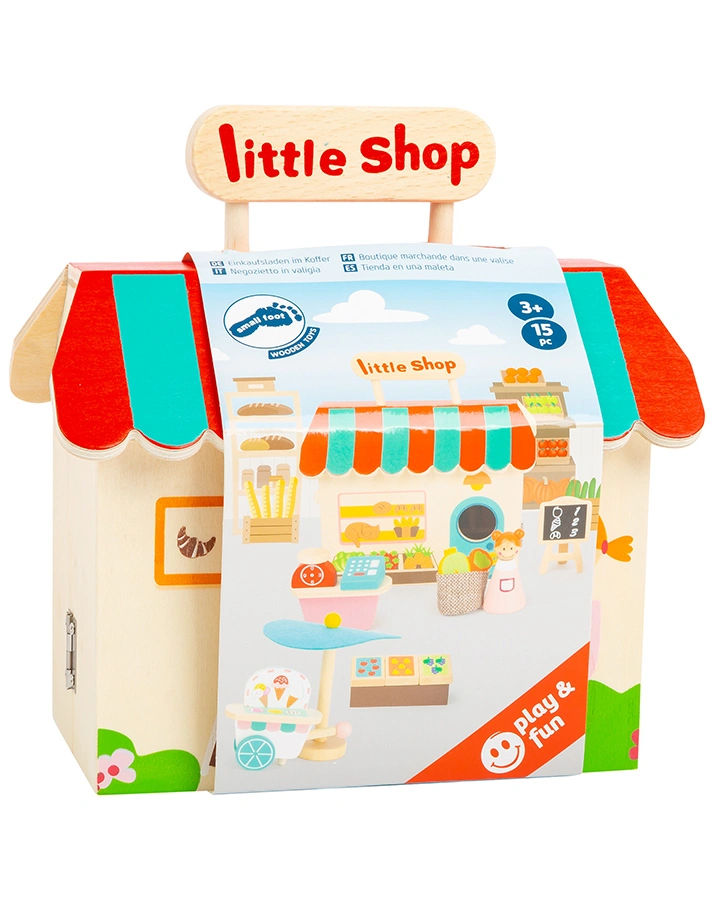 Puppen-Einkaufsladen LITTLE SHOP im Koffer 15-teilig aus Holz
