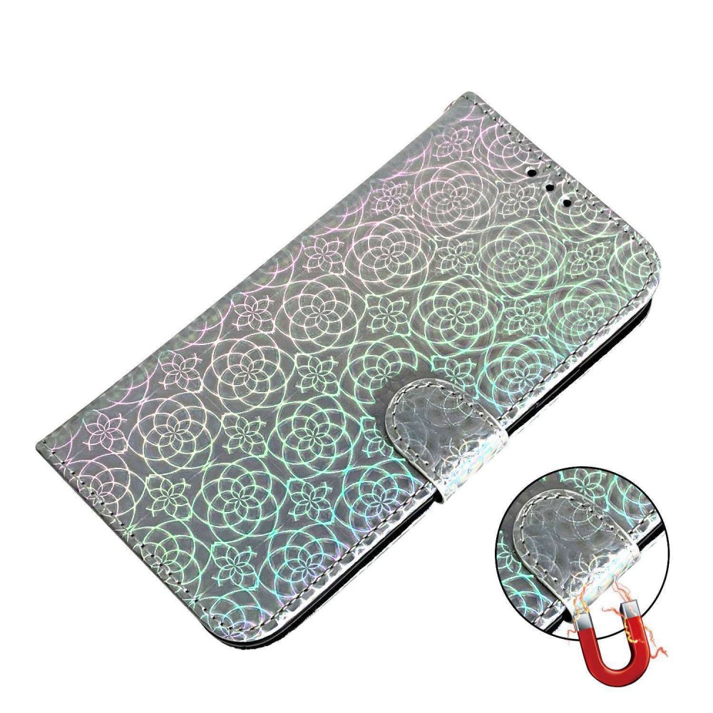 iPhone 14 Pro Leder Tasche Wallet mit Flower Laser Hologramm - Silber