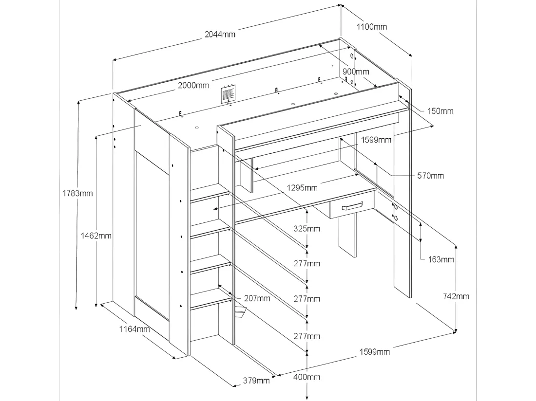 Lit mezzanine avec bureau et armoire - 90 x 200 cm - Coloris : Naturel et anthracite - AUCKLAND