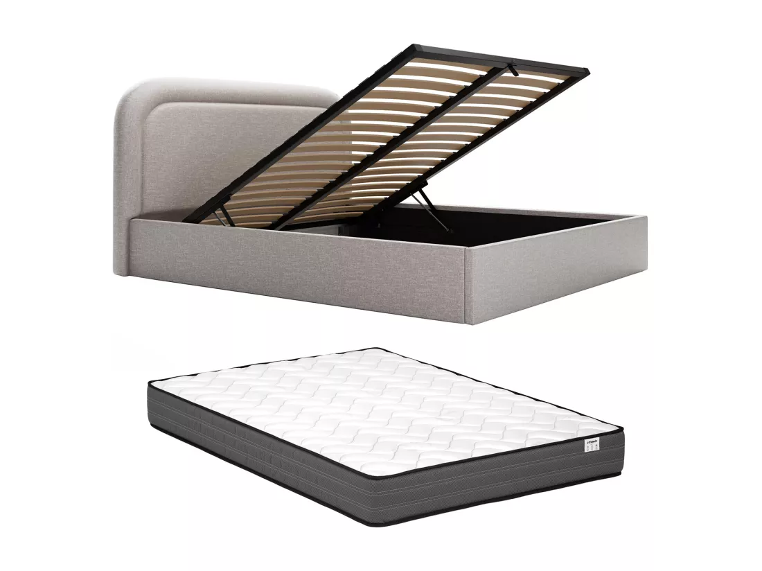 Lit coffre 140 x 190 cm - Tissu chiné - Gris clair + Matelas - FIREZA