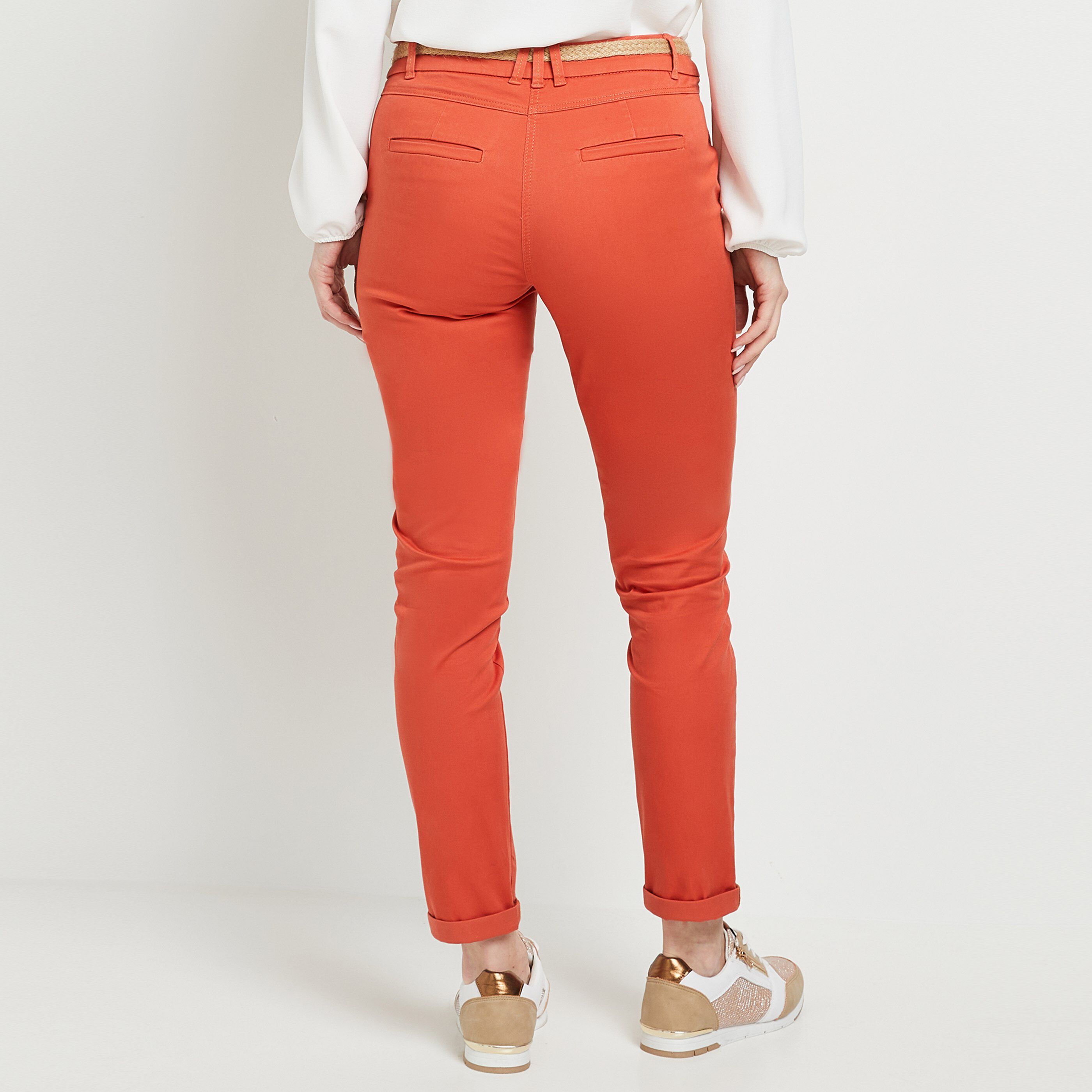 Pantalon chino avec ceinture femme - ORANGE
