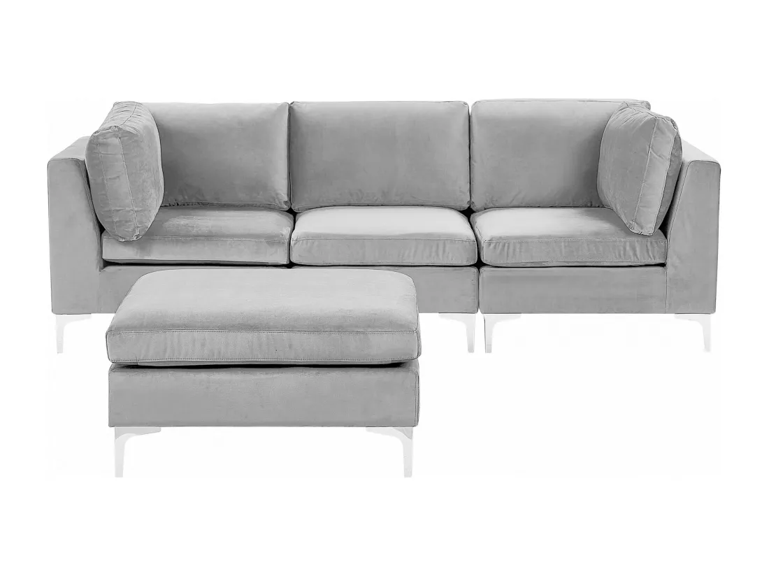 Canapé modulable 3 places en velours gris avec pouf ottoman EVJA