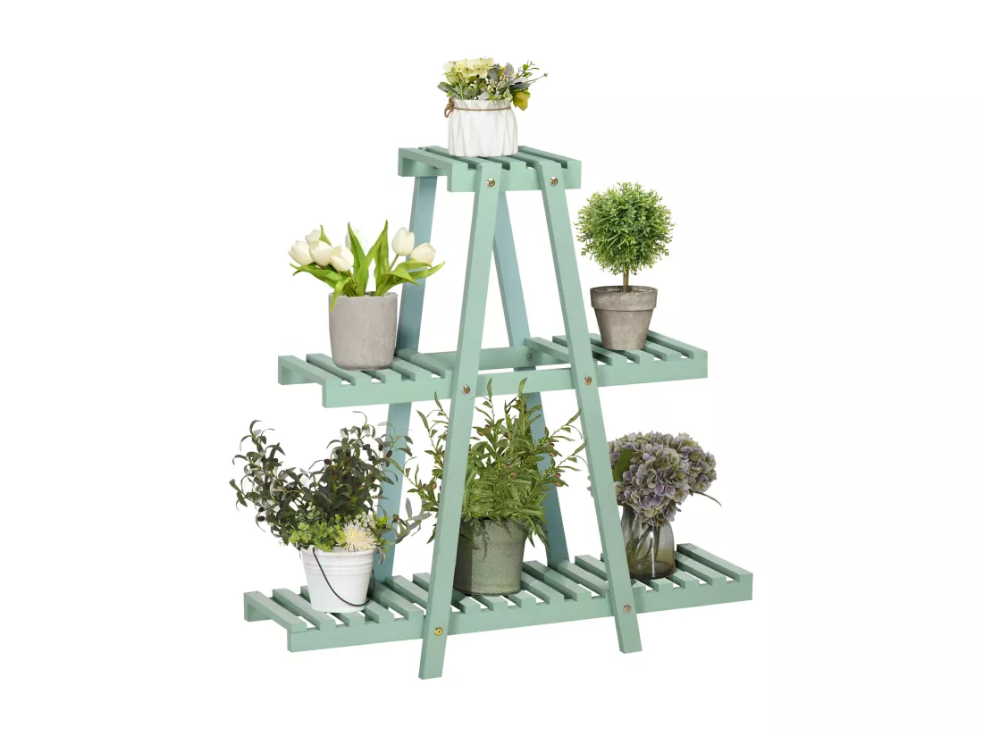 Étagère à fleurs pyramidale en bois - porte plante bois 3 étagères - dim. 76L x 26l x 76H cm - sapin vert d'eau