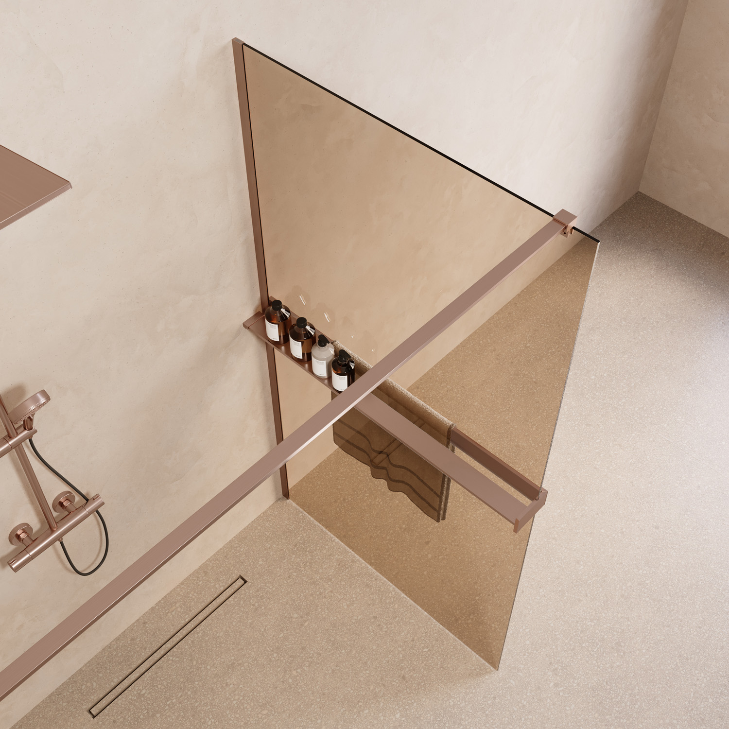 Saniclear Metric inloopdouche 120cm met handdoekhouder en bronsglas geborsteld koper
