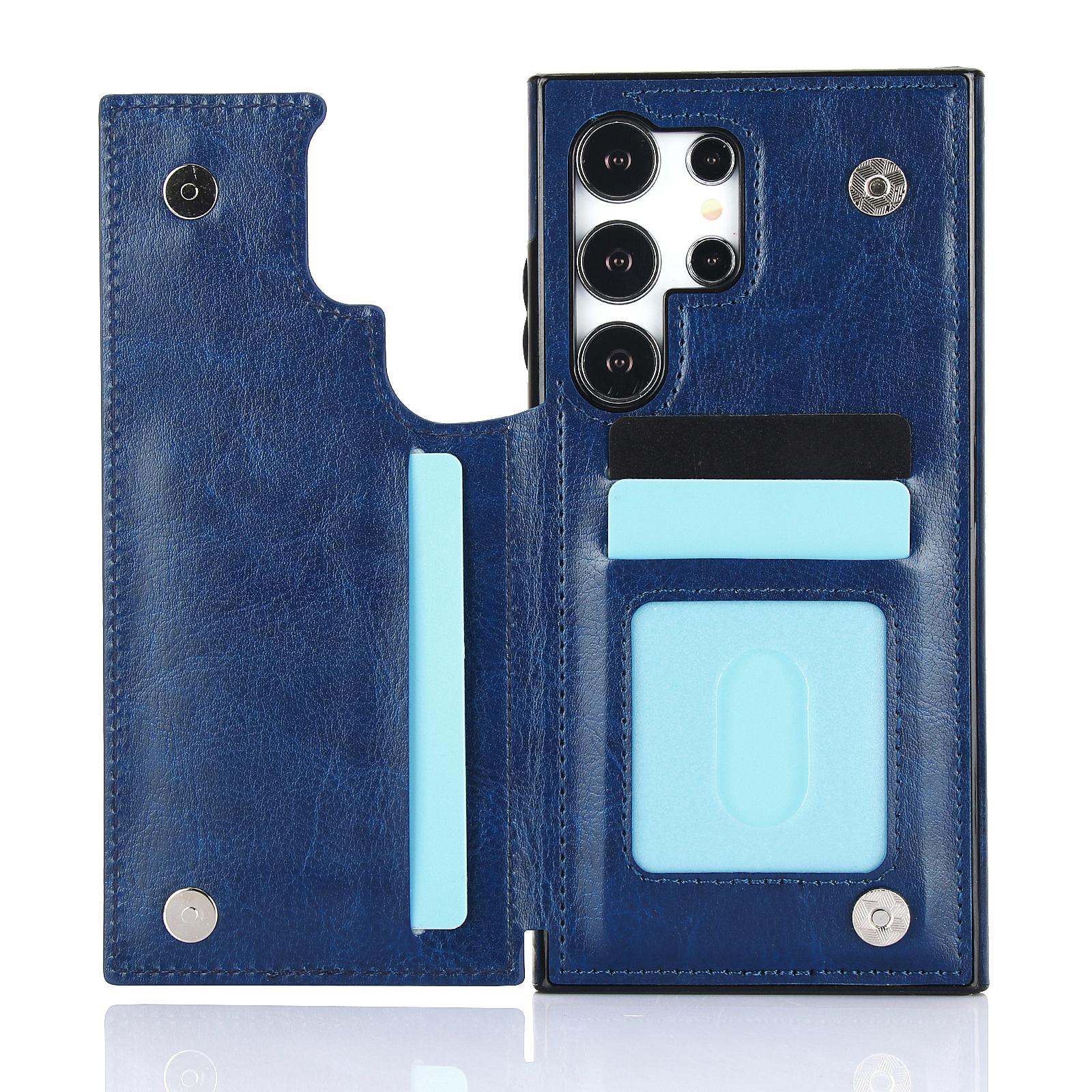 Samsung Galaxy S24 Ultra Hybrid Leder Hülle mit Kartenfach   Kickstand Aufsteller - Blau
