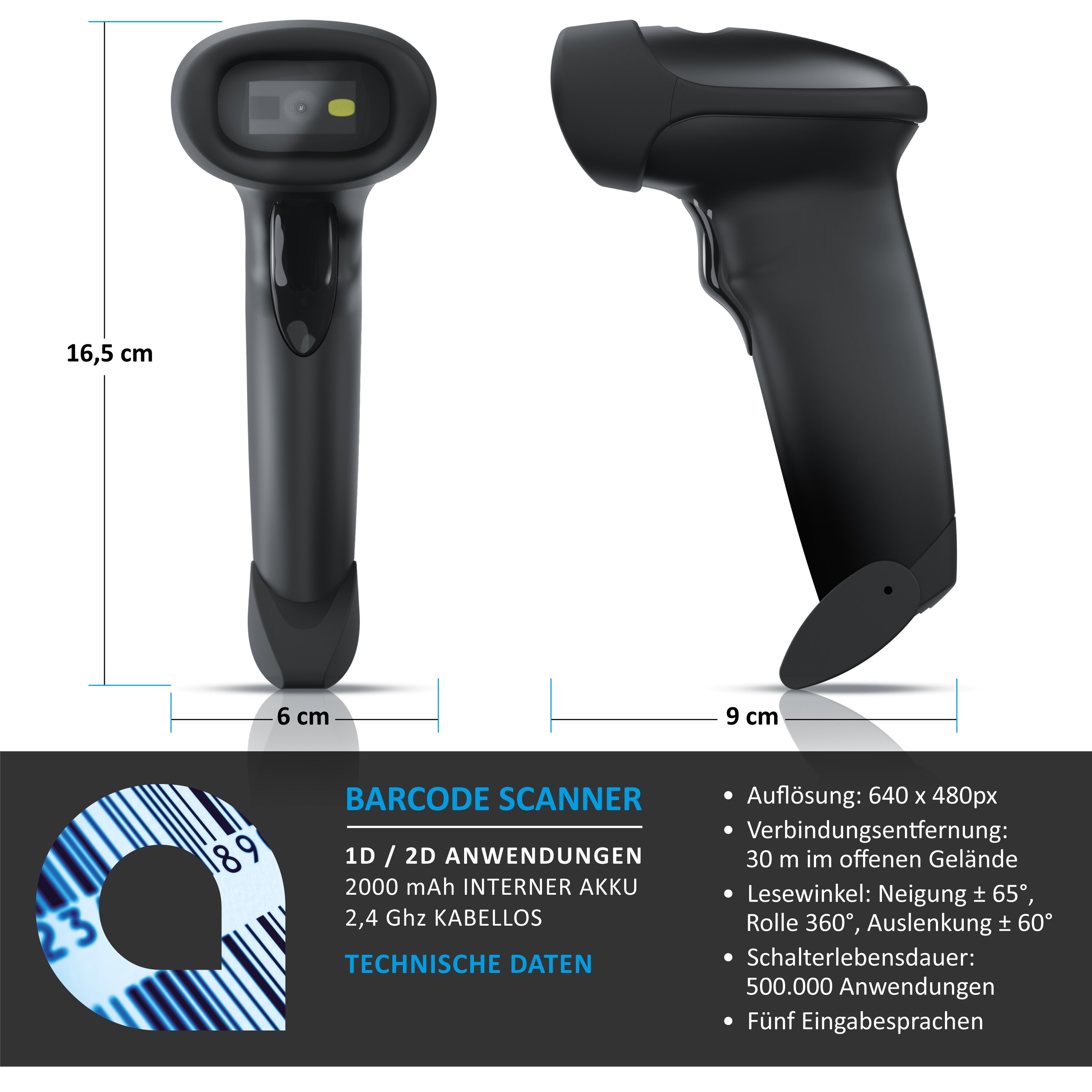 Aplic Handscanner Wireless Barcode Scanner 2.4 GHz 1D 2D, 2000 mAh, inkl. Standfuß